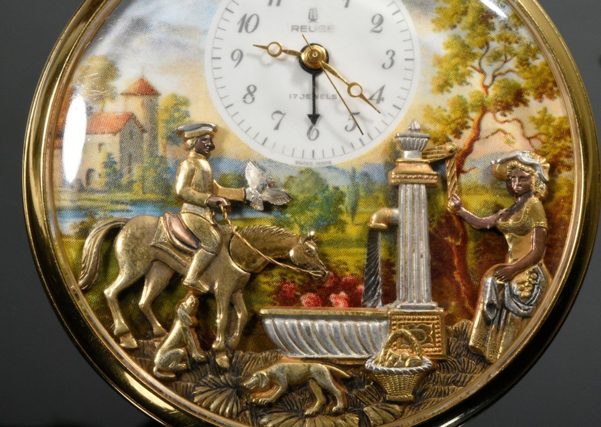 Reuge Musik Taschenuhr mit Wecker, Spieluhr und Figurenautomat in Silber vergoldetem Gehäuse mit ge - Bild 6 aus 10