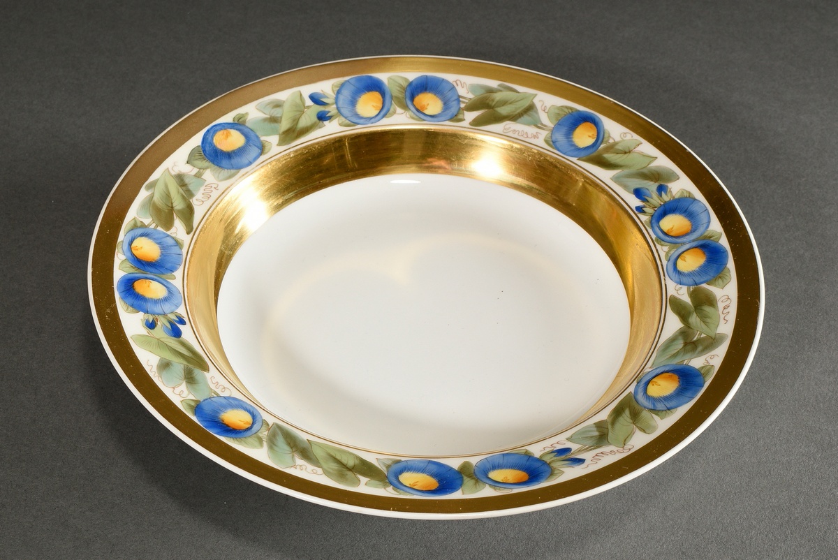 KPM soup plate with blue bindweed decoration and decorative gilding, smooth form, c. 1900, undergla - Image 2 of 4