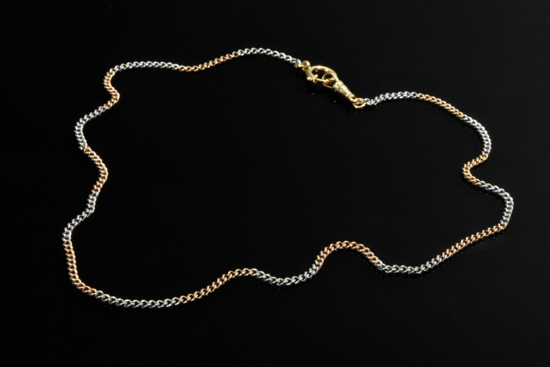 Bicolor white and yellow gold 750 round curb necklace with spring ring, 20.7g, l. 54.5cm