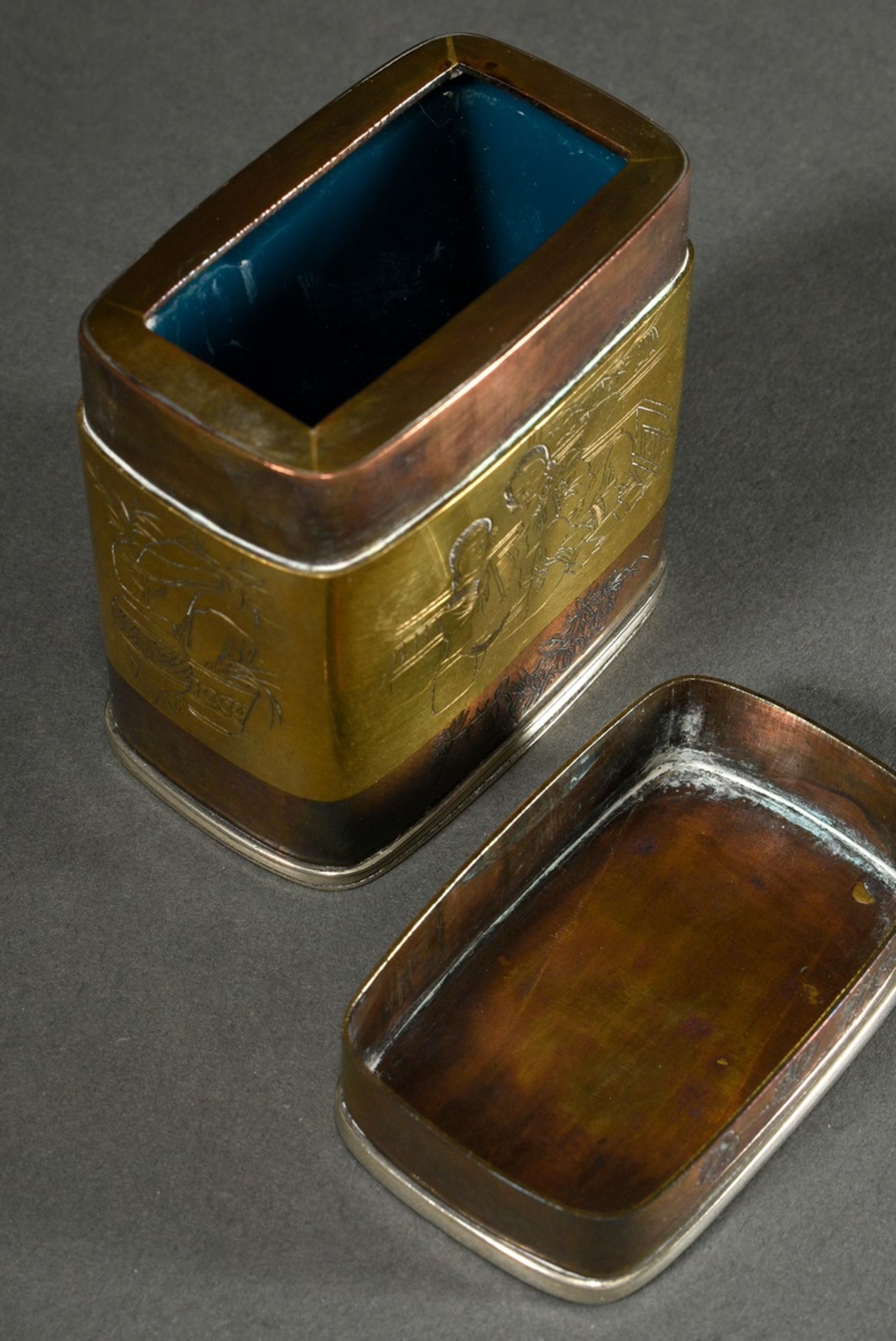Kleine chinesische Teeblätterdose mit Cloisonné Deckel "Grasendes Pferd" sowie Gravurdekor auf der  - Bild 7 aus 8