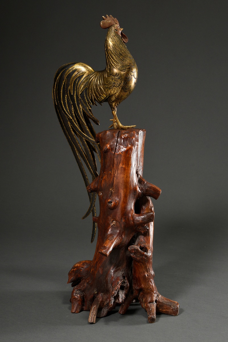 Jizai Okimono " Cock " in naturalistic form on burlwood base, belly marked Hidenao, Meiji period, J - Image 4 of 9