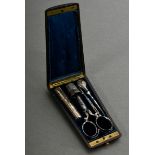 Sewing case in rosewood case with brass and mother-of-pearl inlays and coat-of-arms cartouche, inte
