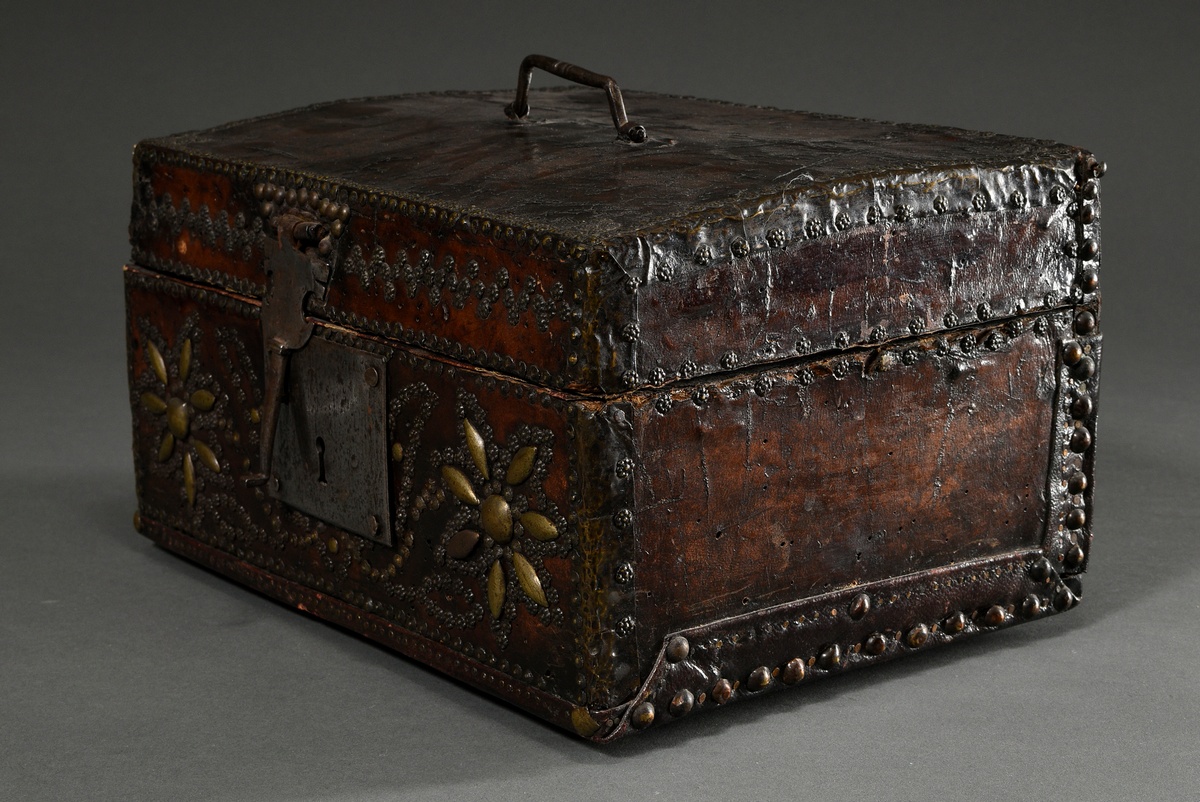 Antique leather casket with nailed decoration on the body and steel fittings, inside florally hallm - Image 4 of 14