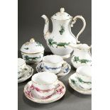 7 Various pieces Meissen mocha service "Hofdrache" in green, blue and pink with gold decoration, Pf