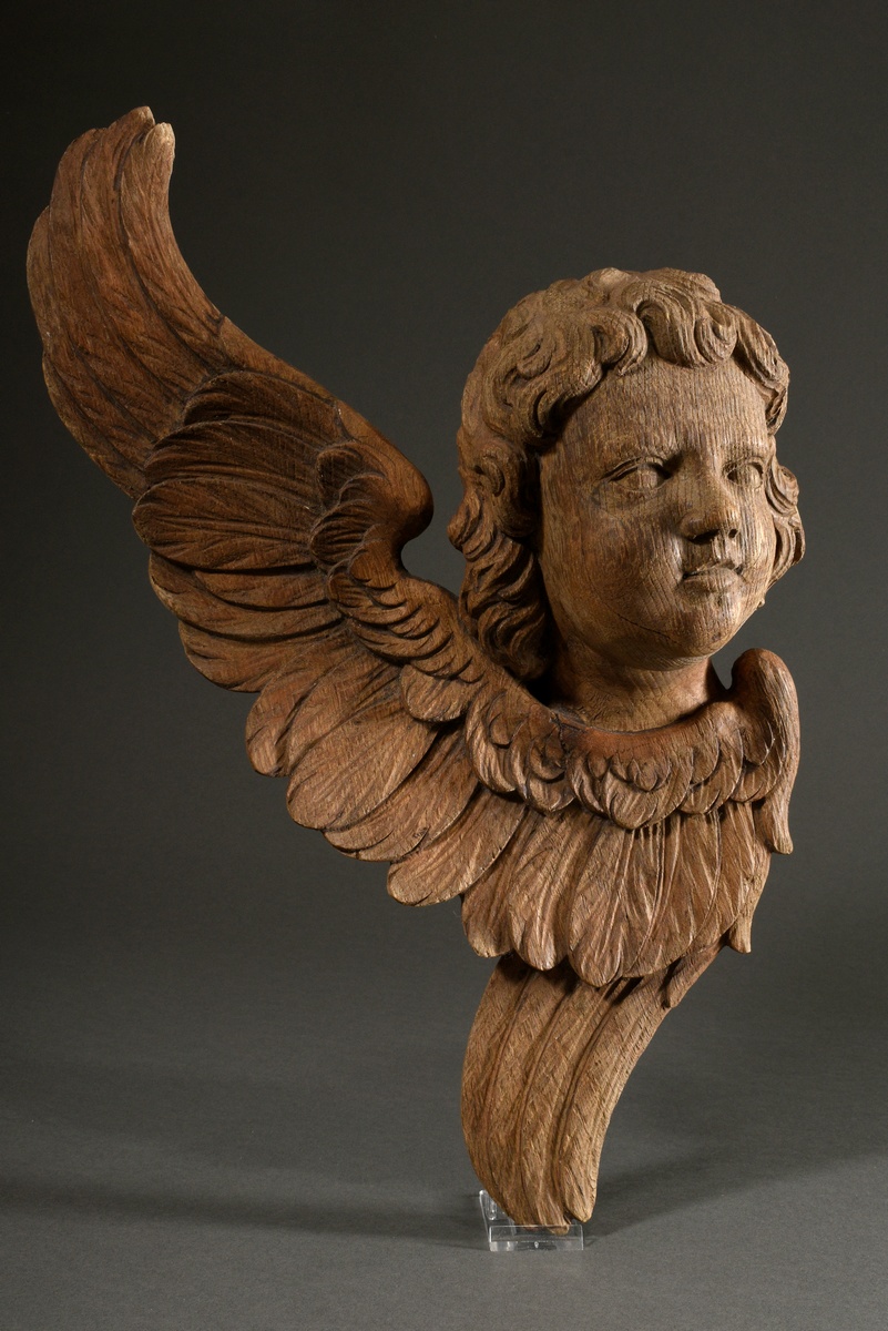 Large angel's head with curved wing carved in bas-relief, unfinished oak, North German 18th century