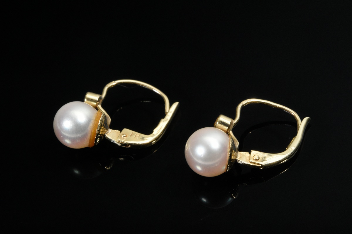 Pair of yellow gold 585 earrings with cultured pearls (Ø 6.7mm) and white imitation stones,1.9g, l. - Image 2 of 2