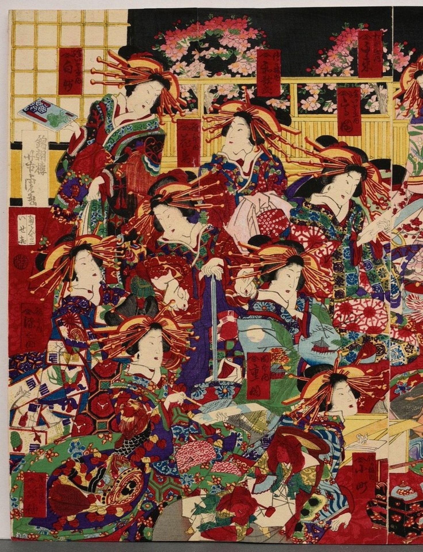 Utagawa Yoshitora (c.1830-c.1880) "New Year's Festival", colour woodblock prints, triptych, sign. Y - Image 2 of 8