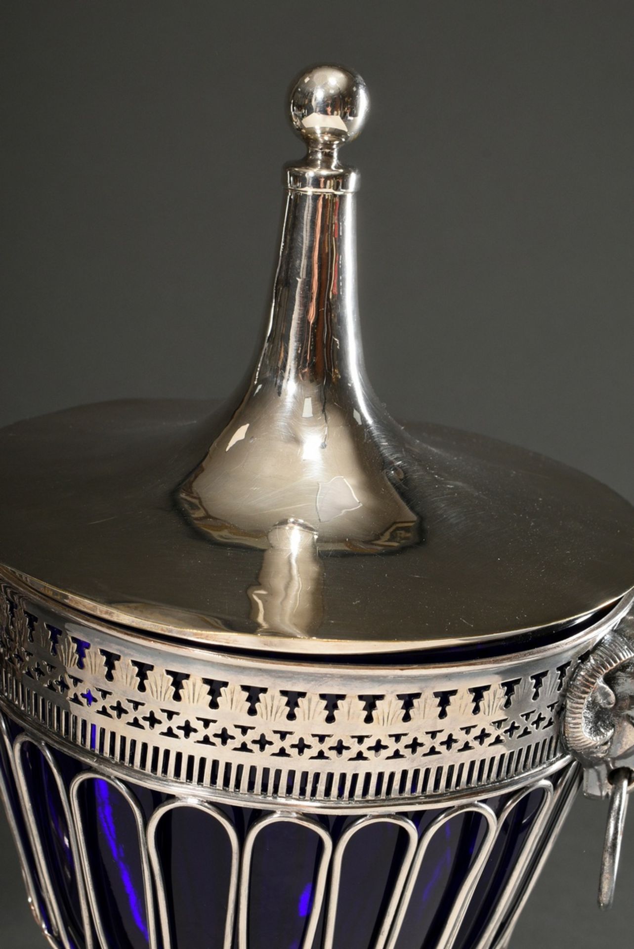 A pair of large silver-plated lidded vases with lattice bodies and sculptural trestle heads and blu - Image 3 of 8