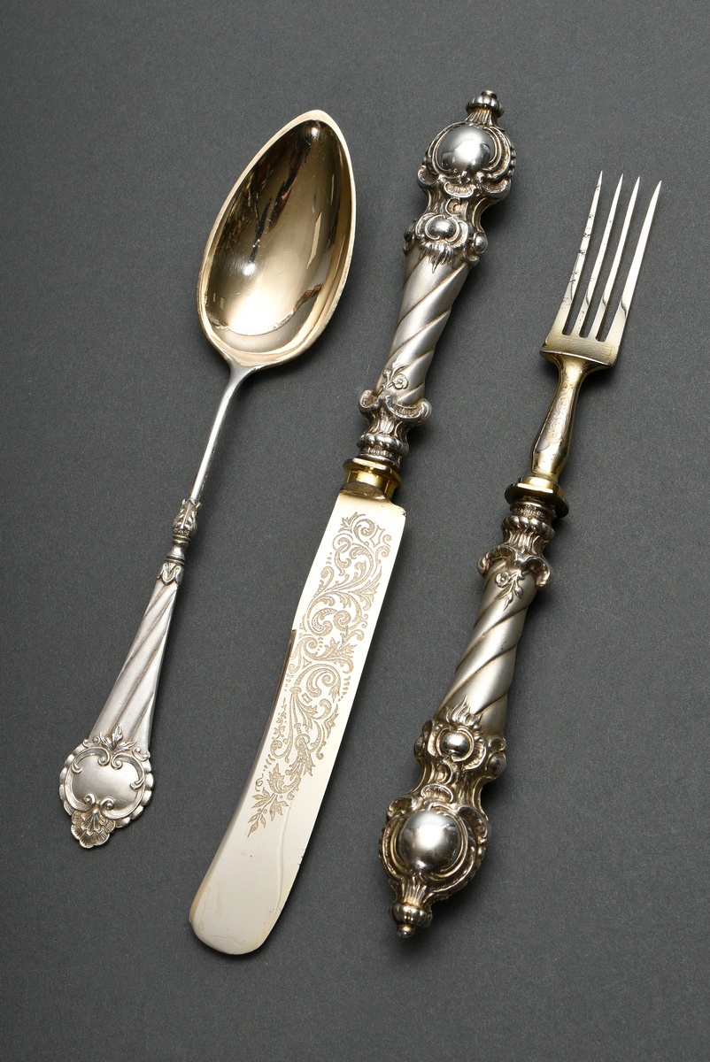 Three-piece christening cutlery set: knife, fork and spoon with opulent handles and florally engrav