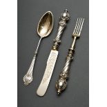 Three-piece christening cutlery set: knife, fork and spoon with opulent handles and florally engrav