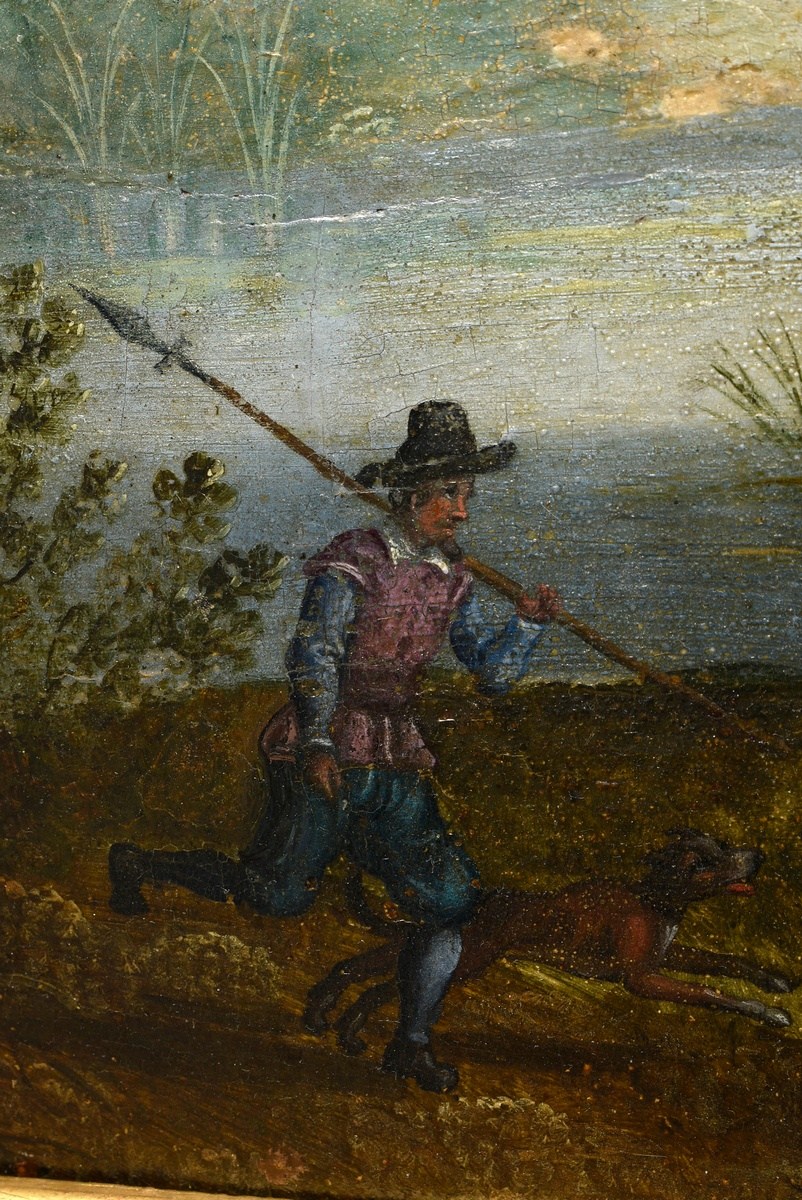 Unknown artist of the 17th/18th c. "Ideal landscape with hunting scene", oil/wood, with illuminatio - Image 5 of 7