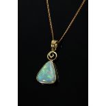 Yellow gold 585 pendant with opal (1.7g, 2.3x1.1cm) on a delicate rose gold 375 flat curb chain (1g