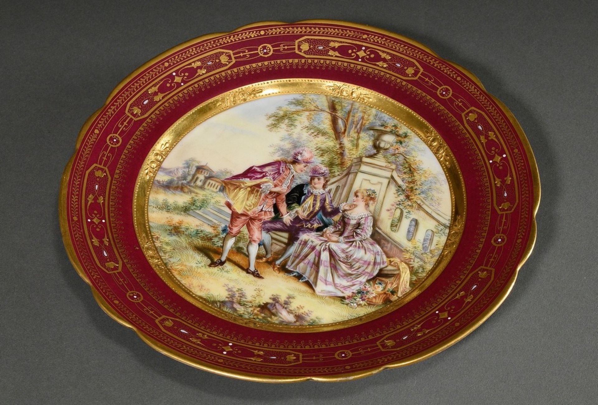 Plate with polychrome painting and rich gold relief " Gallant scene in park", Dresden mark, impress - Image 2 of 5