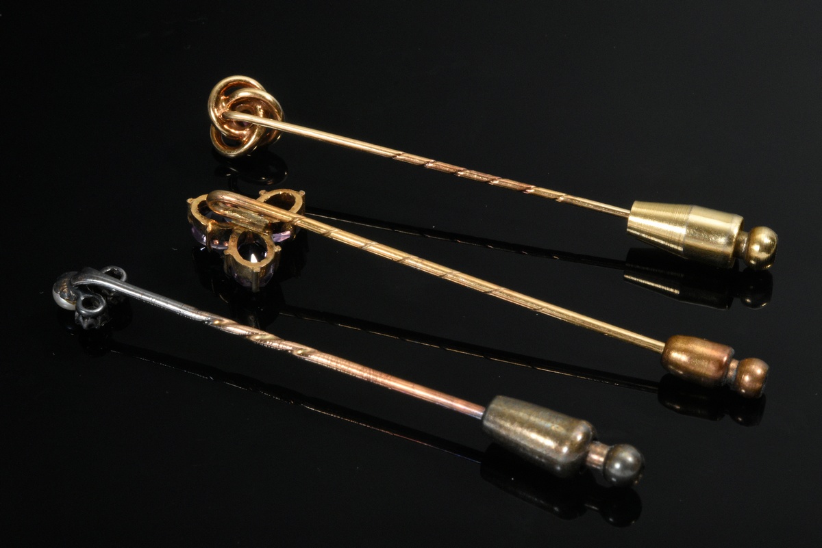 3 Various tie pins: 1 gold-plated pin with amethyst (Ø11mm) and 2 yellow gold 585 pins: 1 knot pin  - Image 3 of 3