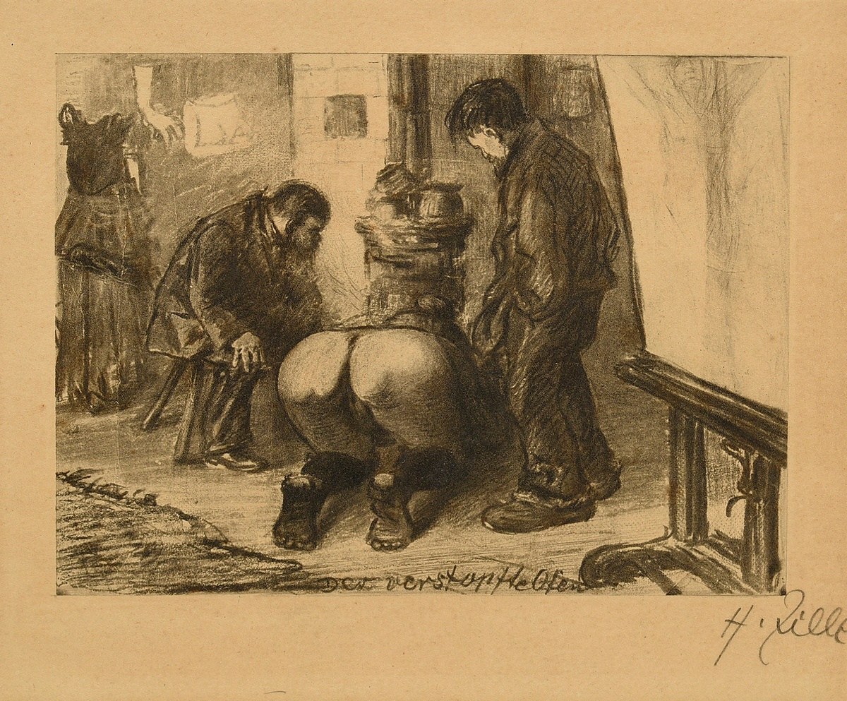 Zille, Heinrich (1858-1929) ‘Der verstopfte Ofen’ c. 1901, heliogravure, sign. b.r., PM 11,4x13,2cm