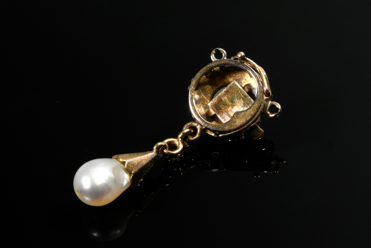 Antique yellow gold 585 clasp with rosette of natural pearls and diamond roses, circa 1900, 3.5g, l - Image 2 of 2