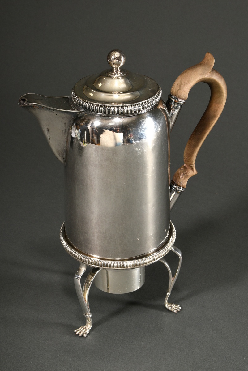 2-piece cylindrical coffee pot with grooved frieze and wooden handle on a teapot with paw feet, Eng