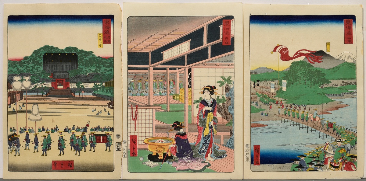 3 Utagawa Hiroshige II (1829-1869) Farbholzschnitte aus Tôkaidô Meisho fûkei (Berühmte Ansichten de