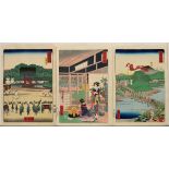 3 Utagawa Hiroshige II (1829-1869) Colour woodblock prints from Tôkaidô Meisho fûkei (Famous Views 