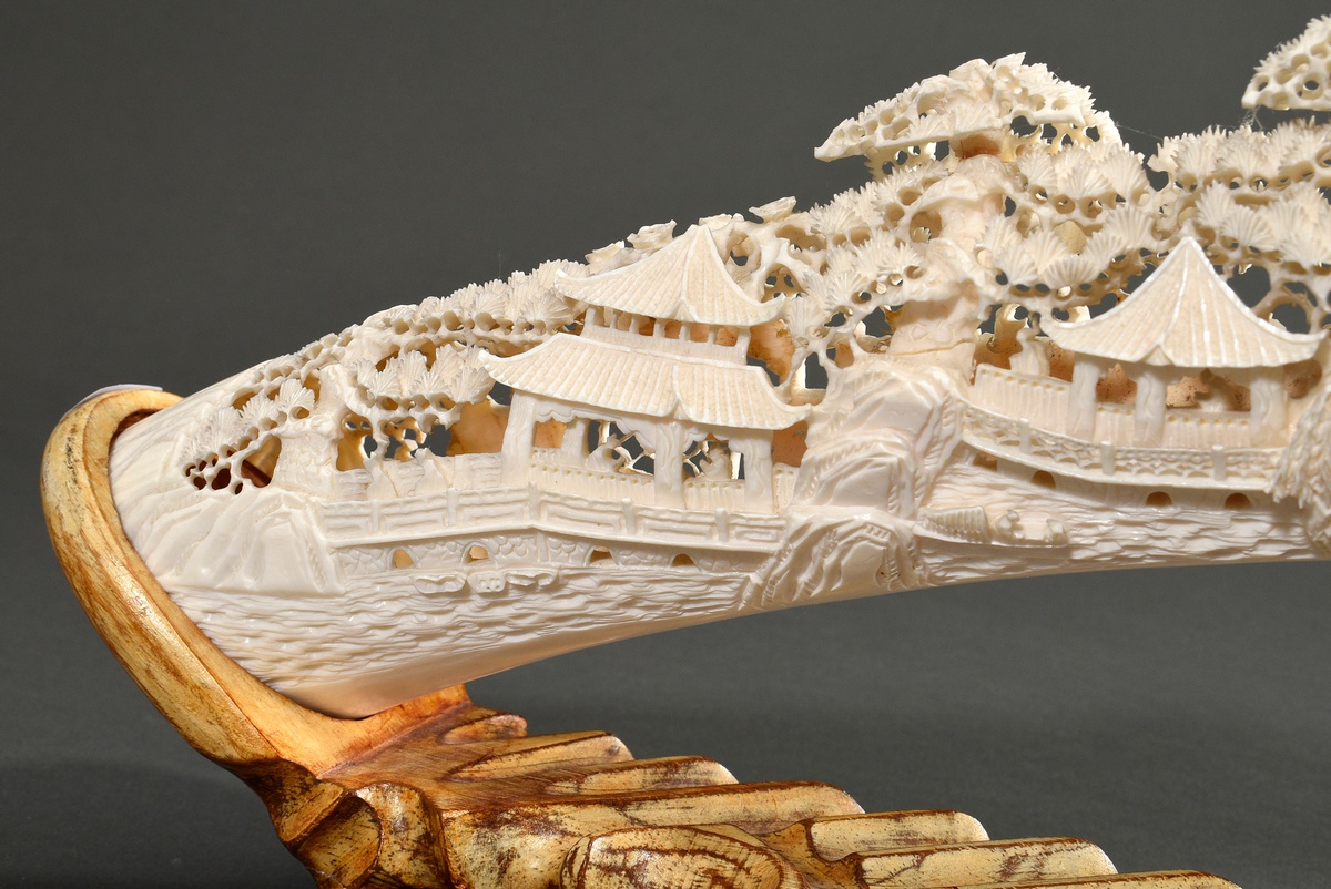 Richly carved ivory tooth "Landscape with pagodas, trees and people" on a carved and patinated wood - Image 6 of 13