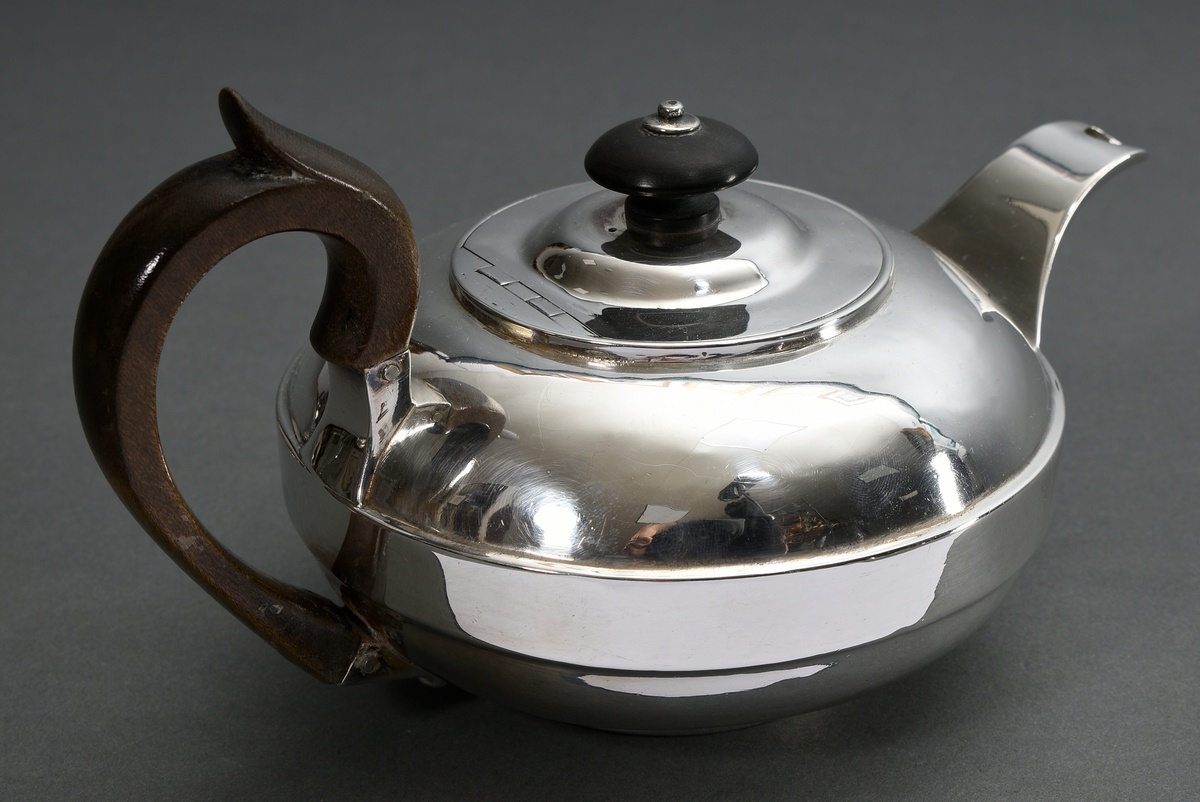 Small teapot in moulded spherical form with plain band, wooden knob and handle, Mark: Thomas Wilkes - Image 2 of 4