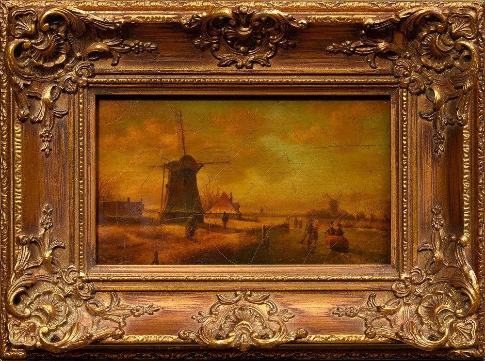 Unknown artist of the 18th c., "Winter landscape with river and mills", oil/wood, b.r. unclearly si - Image 2 of 5