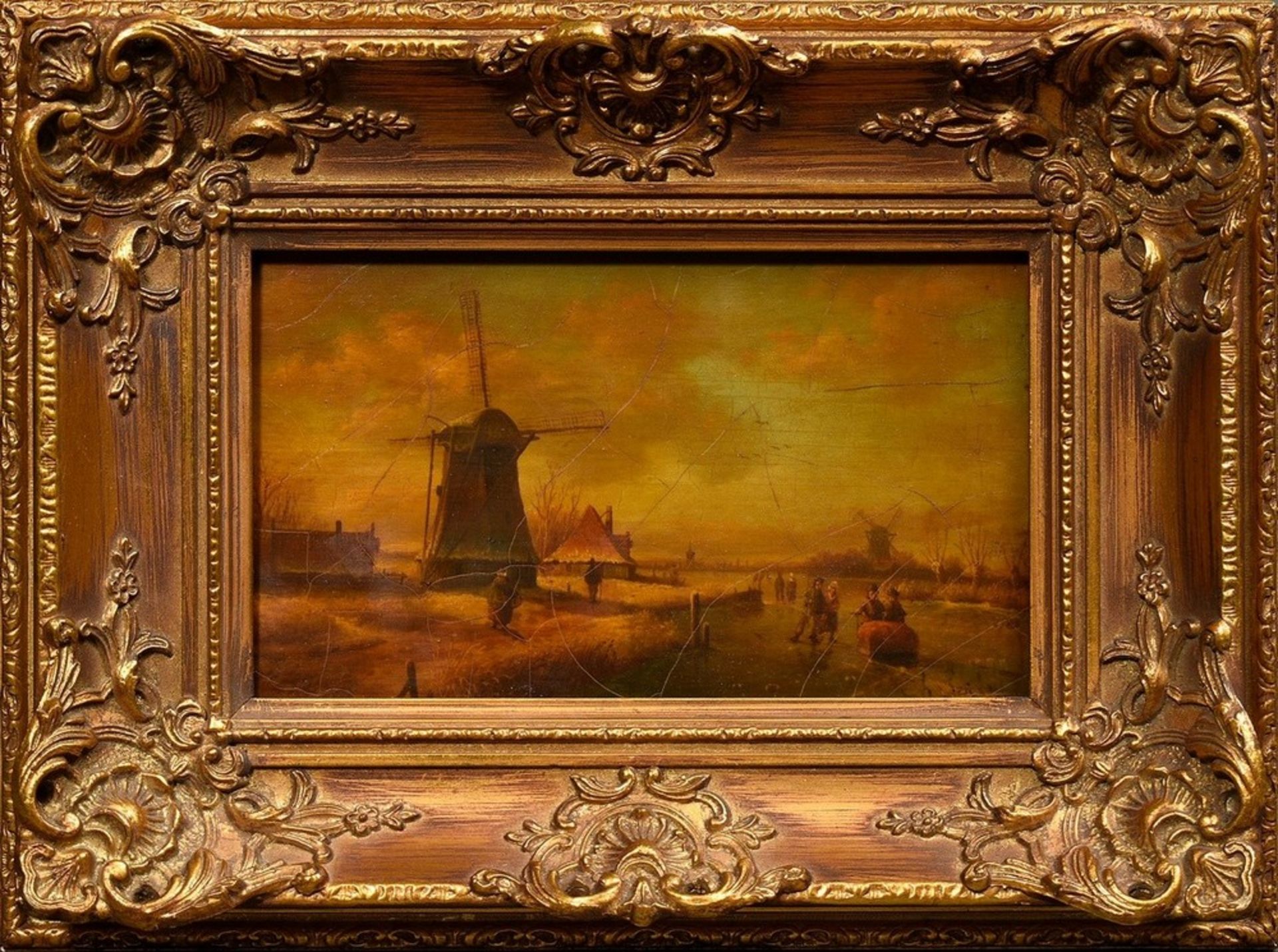 Unknown artist of the 18th c., "Winter landscape with river and mills", oil/wood, b.r. unclearly si - Image 2 of 5