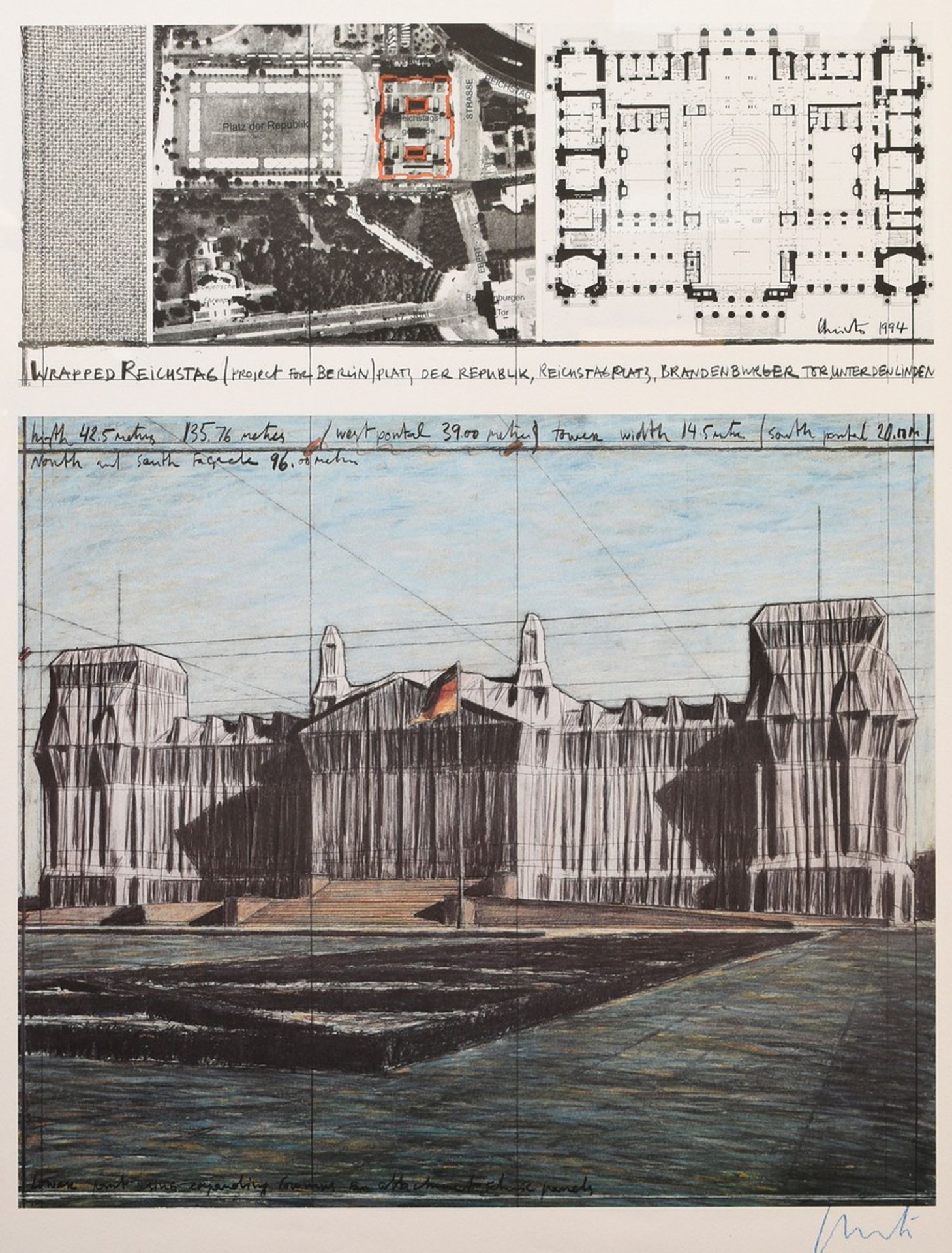 Christo (1935-2020) "Wrapped Reichstag" 1994, Farboffset, u.r. sign., i. Druck sign./dat., Spiegelr