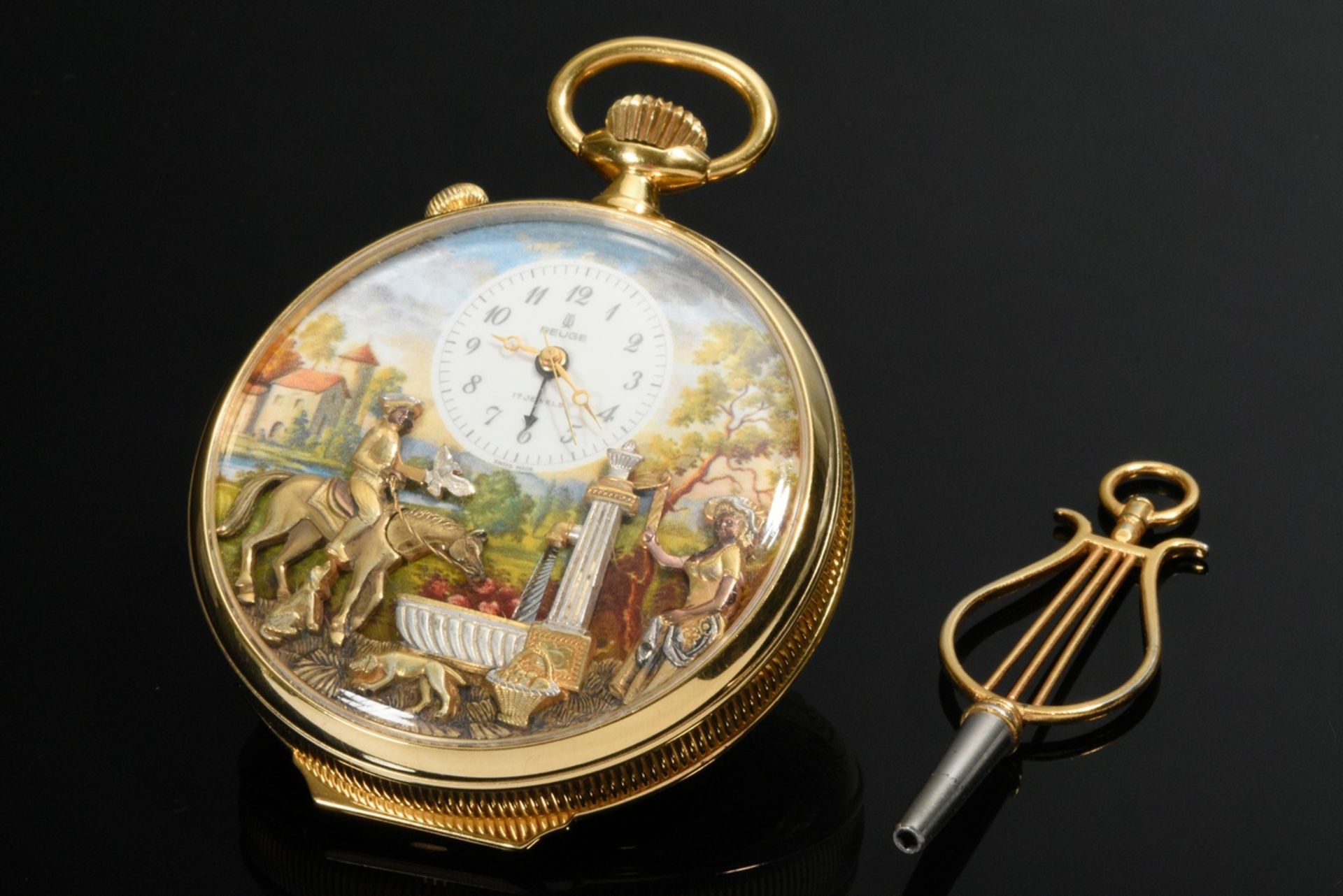 Reuge music pocket watch with alarm clock, music box and figurine automaton in silver-gilt case wit - Image 2 of 10