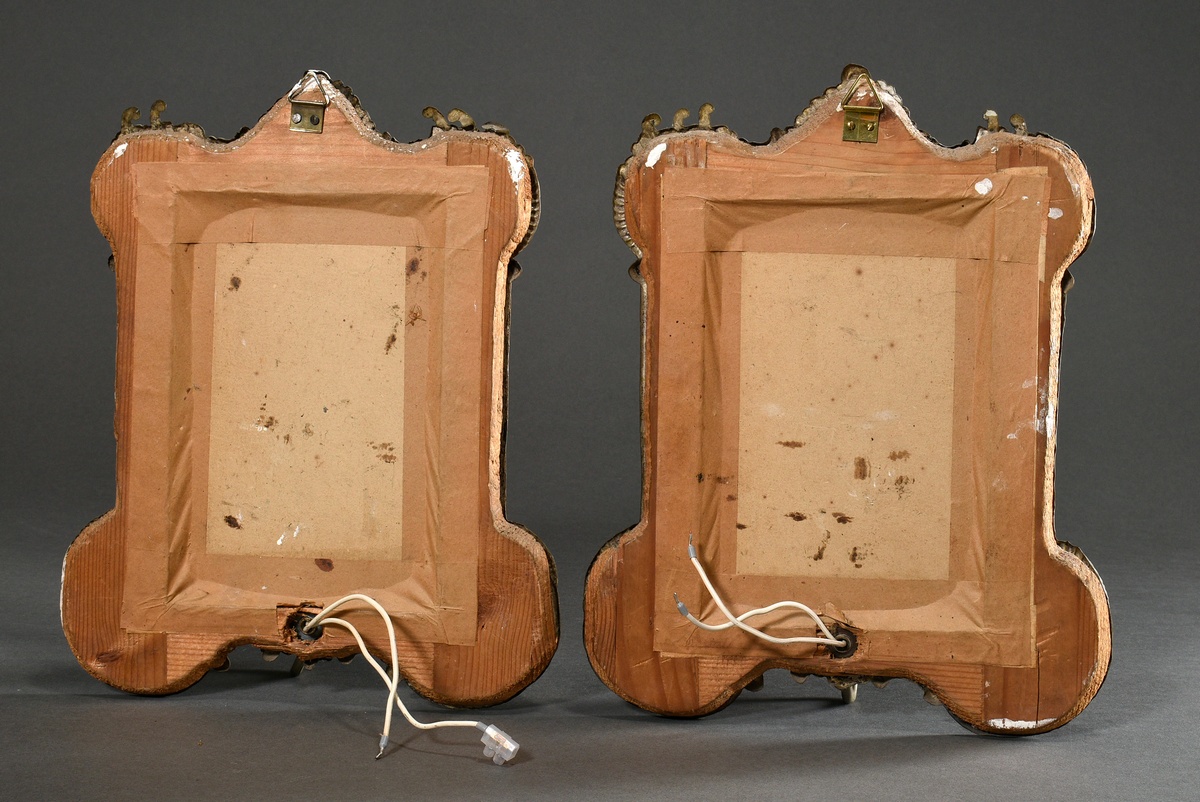 Pair of rococo mirror blazers in embossed tinplate frames with rocailles and C-sweeps, mid 18th cen - Image 5 of 5