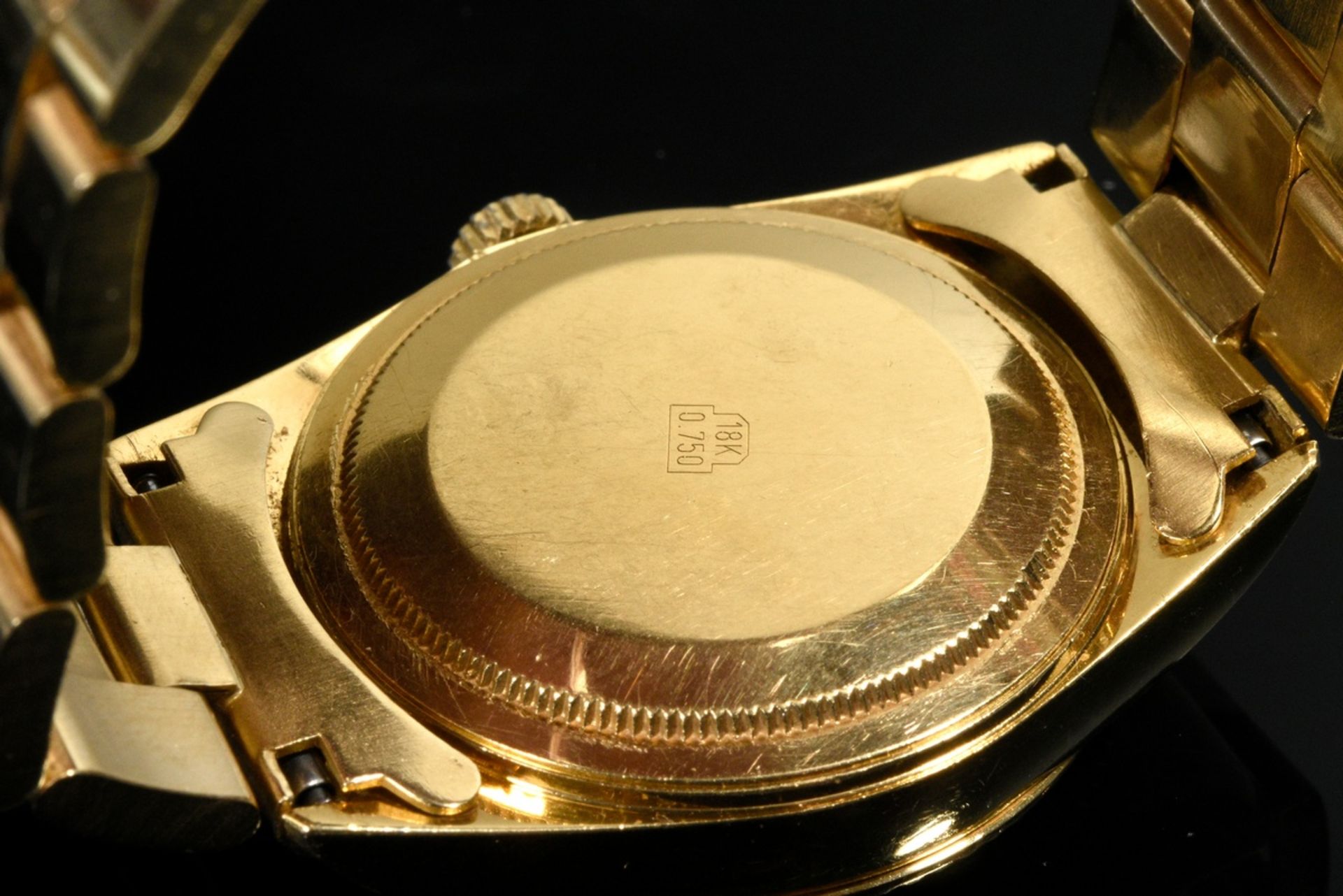 Yellow gold 750 Geneve wristwatch, automatic, line indices and Roman numerals, large second, day of - Image 3 of 6