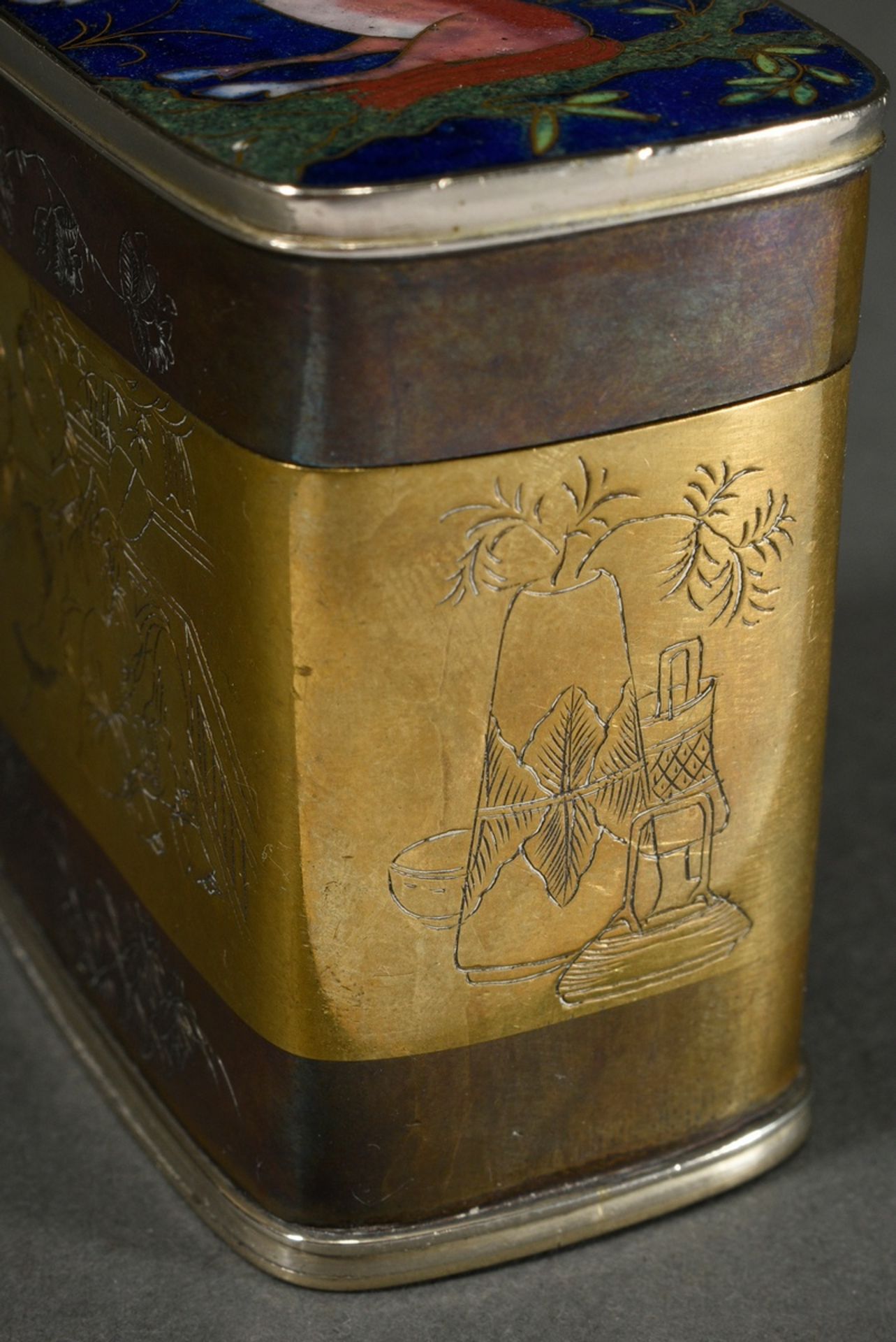 Kleine chinesische Teeblätterdose mit Cloisonné Deckel "Grasendes Pferd" sowie Gravurdekor auf der  - Bild 5 aus 8