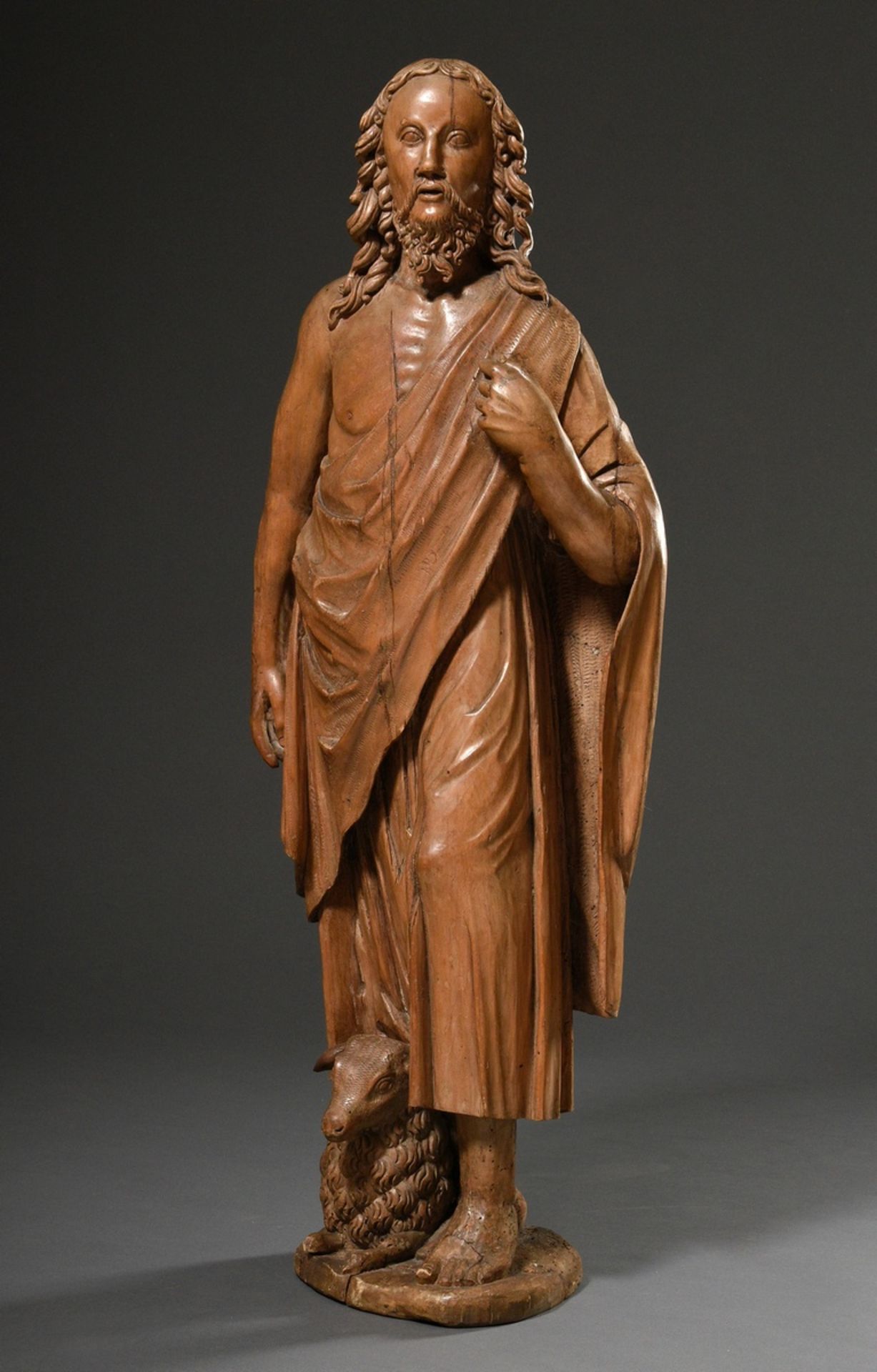 Große Heiligenfigur „Johannes der Täufer“ mit Schaf zu Füssen, Attribute nicht komplett, Hirtenstab