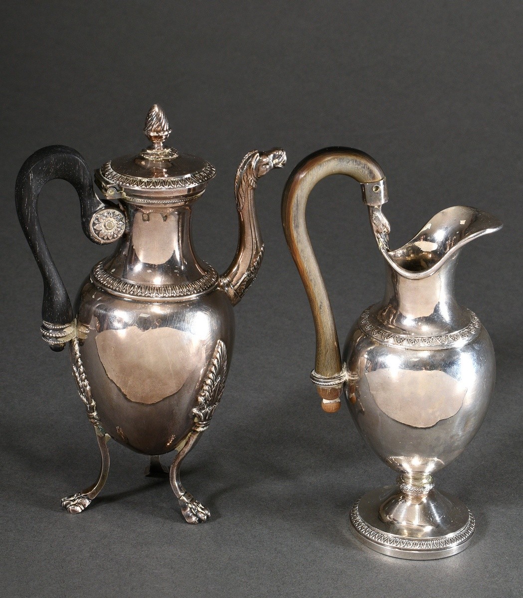 2 Small French jugs with classical ornamental and foliate frieze and wood and horn handles, 1x with - Image 2 of 9