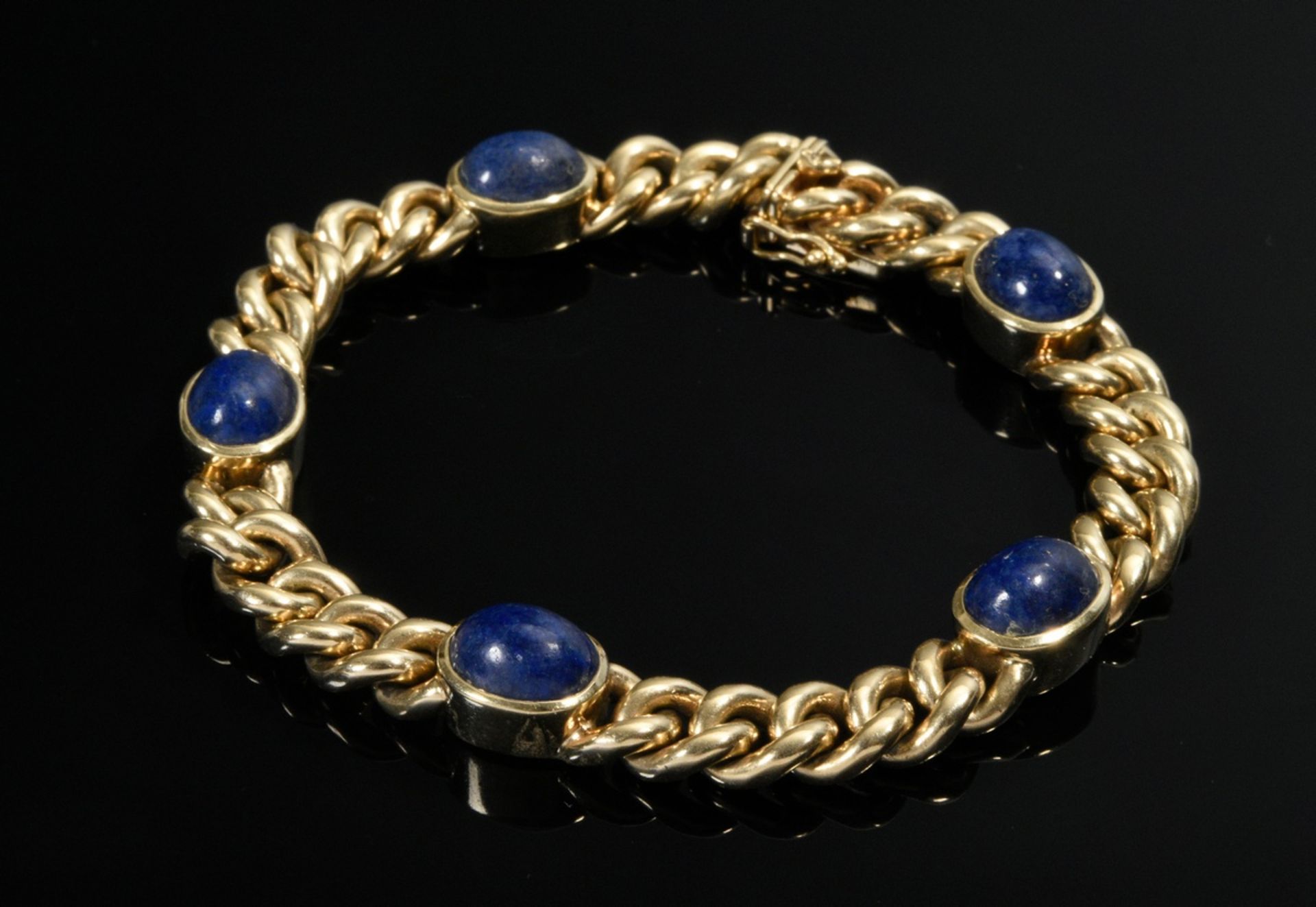 Massives Gelbgold 585 Rundpanzer Armband mit Lapislazuli Cabochons, 45g, L. 19,5cm, Tragespuren