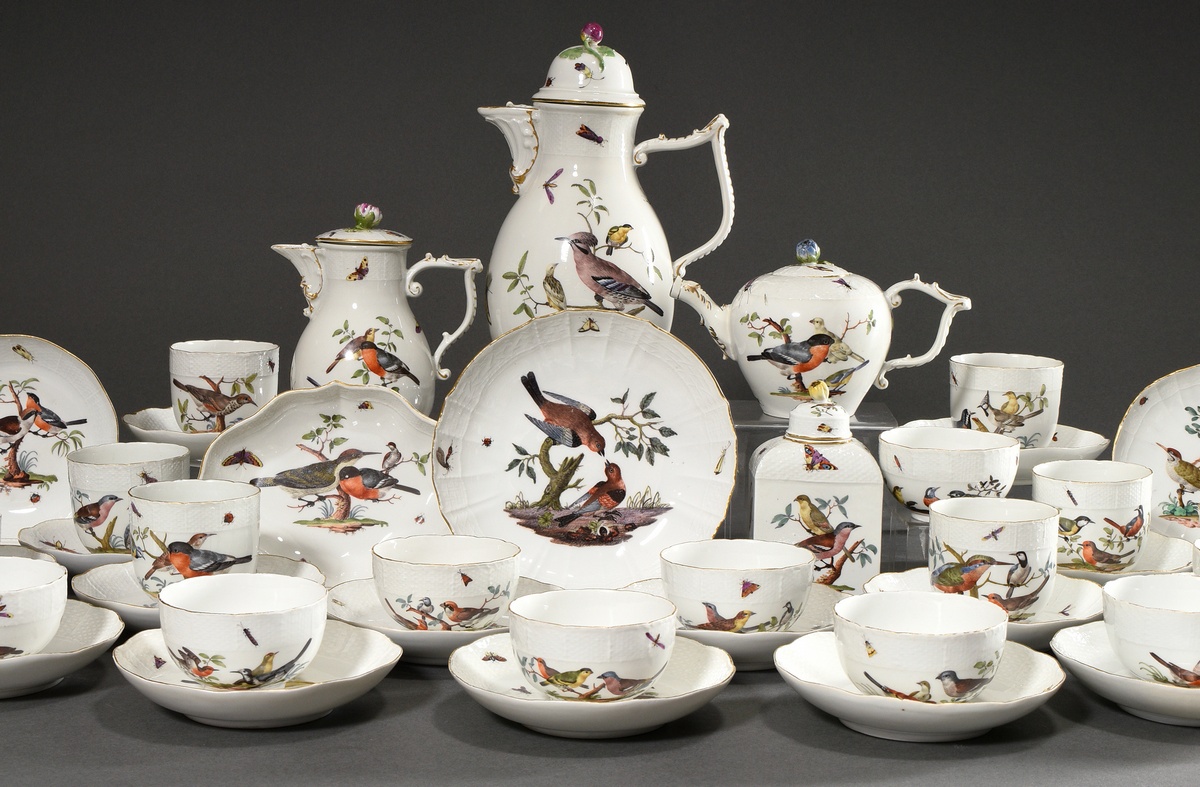 21 Pieces Meissen service with polychrome "Bird and Insects" painting on Ozier relief, c. 1750, con - Image 3 of 27