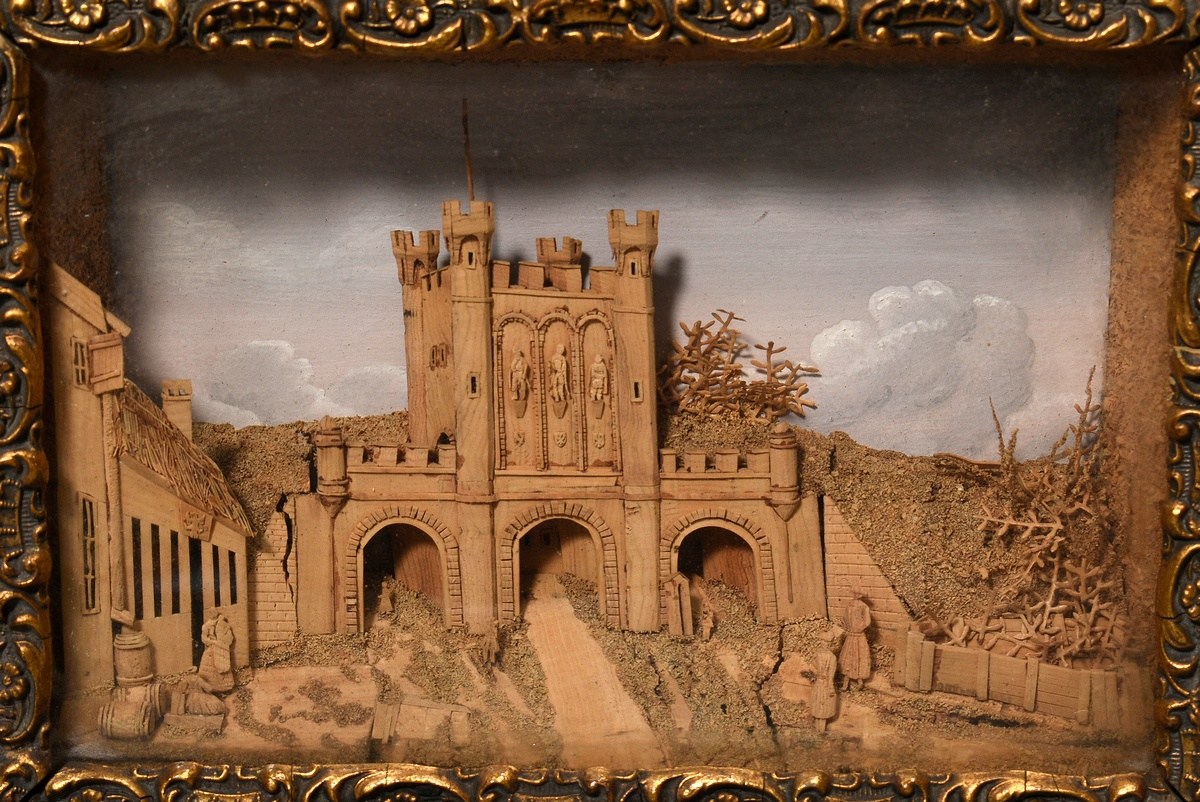 Small cork diorama ‘Castle ruins with staffage’, 4.5x30x23cm, small defects - Image 2 of 5