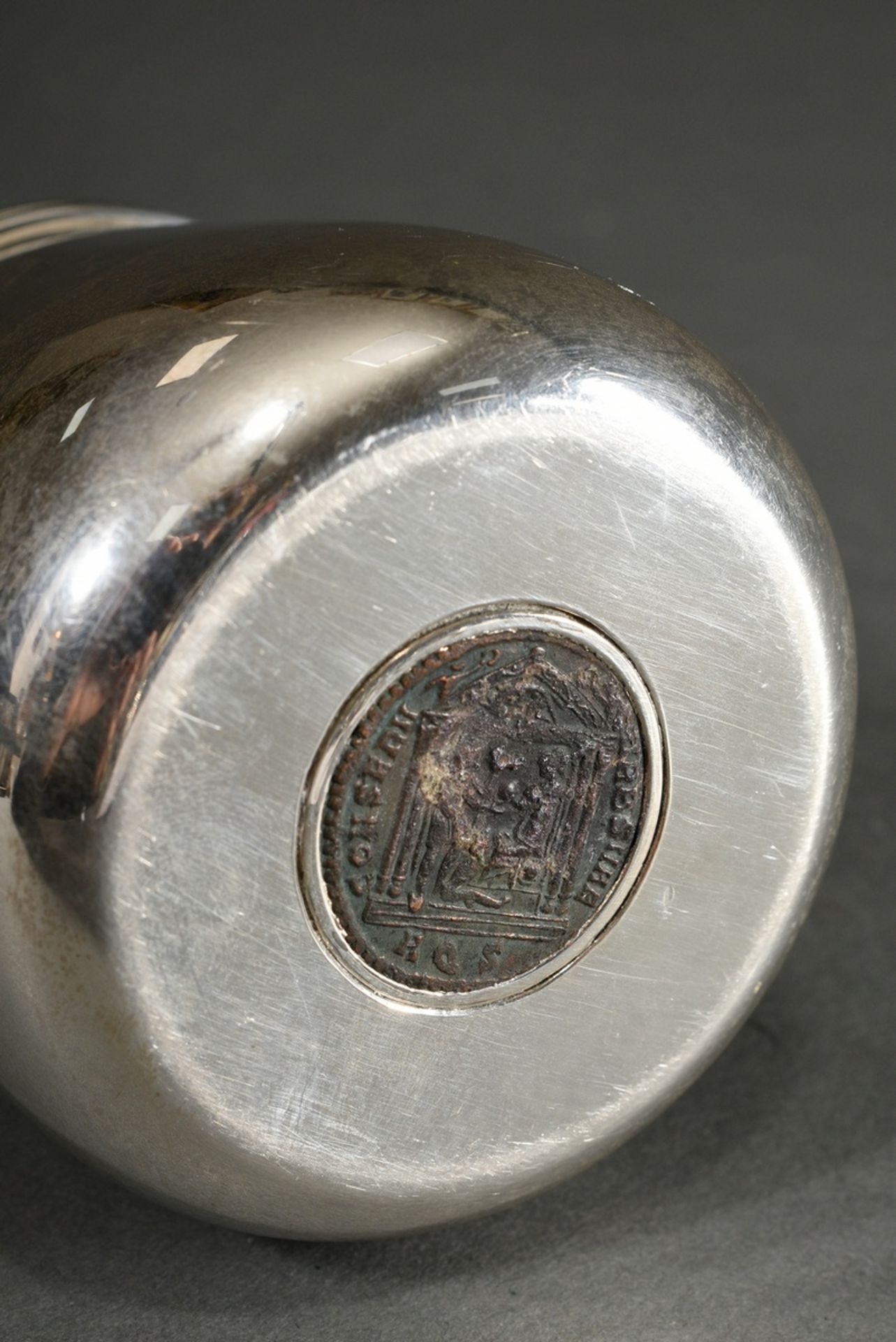 Bulgari vessel with ebony-covered handle on the side and antique coin in the base, signed, silver 9 - Image 4 of 6