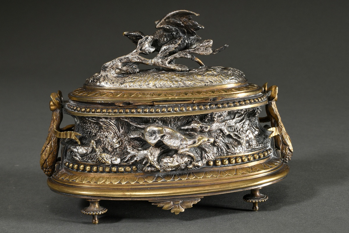 Moigniez, Jules (1835-1894) brass lidded casket with a half-sculptural hunting game on the wall and - Image 2 of 7