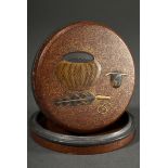 Round urushi lacquer box on lead body with semi-plastic decoration on the lid "Utensils for the tea