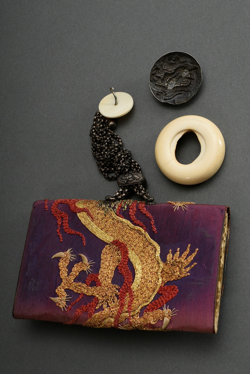 2 Diverse Tabakoire Täschchen mit Metall Ketten und Elfenbein Kagamibuta Netsuke "Drachen", Japan u - Bild 15 aus 17