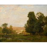 Unknown French artist of the late 19th c. (A.M.?) "Landscape with cattle and farmhouses", oil/canva