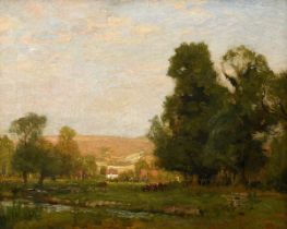 Unknown French artist of the late 19th c. (A.M.?) "Landscape with cattle and farmhouses", oil/canva