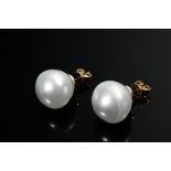 Pair of white gold 750 stud earrings with South Sea cultured pearls, 8.1g, Ø 13.7mm, stopper in yel