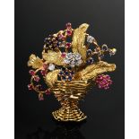 Fine yellow gold 750 flower basket needle with sapphires, rubies and brilliant-cut diamonds (approx