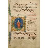 Late medieval Psalter Leaf with figurative illuminated majuscule "Heiliger Laurentius", gouache and