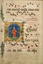 Spätmittelalterliches Psalter Blatt mit figürlich illuminierter Majuskel "Heiliger Laurentius", Gou