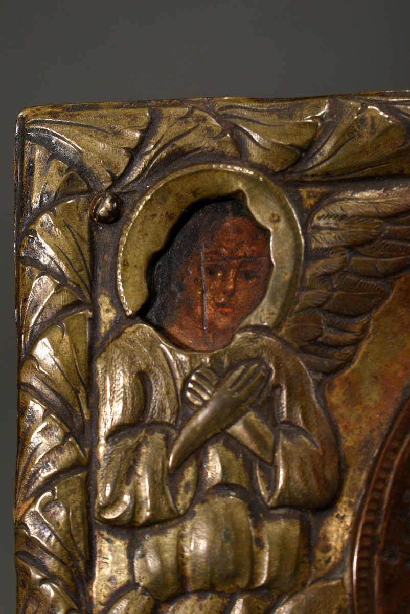 Russian icon with embossed and engraved brass oklad "Mother of God" flanked by two angels, chalk gr - Image 6 of 9