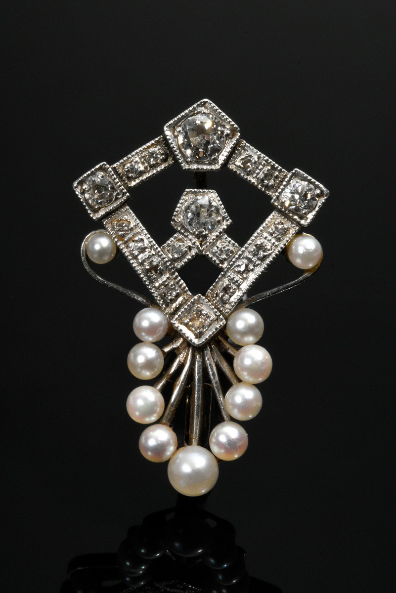 Delicate Art Deco platinized white gold 585 needle with natural pearls and old-cut diamonds (togeth - Image 2 of 3