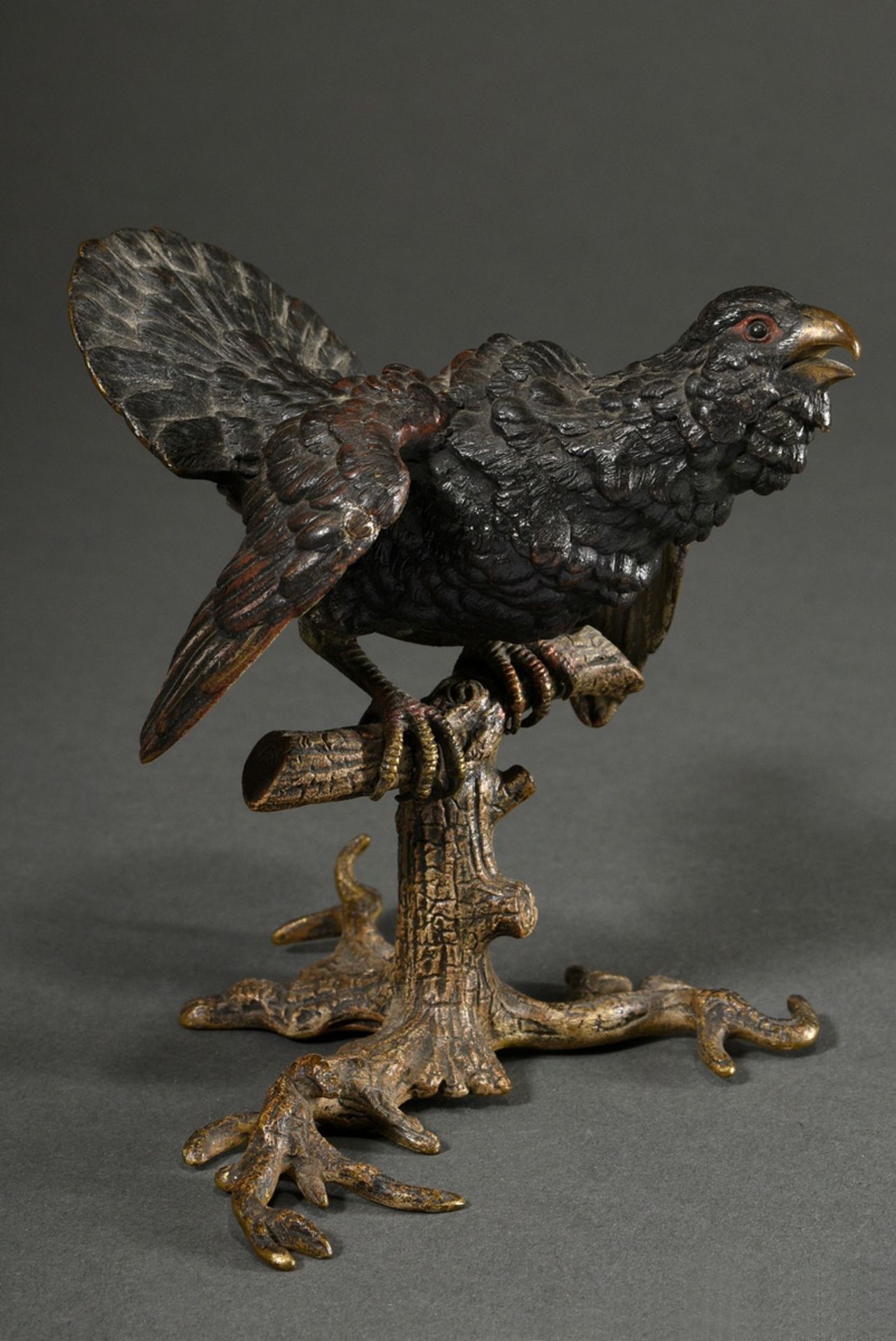 Wiener Bronze "Auerhahn auf Ast", um 1900, naturalistisch bemalt, unten und am Schwanz bez.: "2, Ge